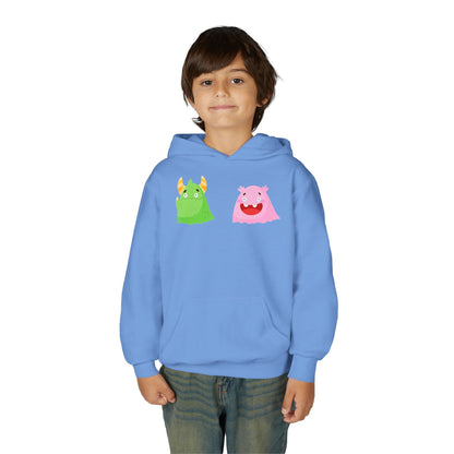 Youth Heavy Blend Hooded Sweatshirt - Green and pink monsters Printify