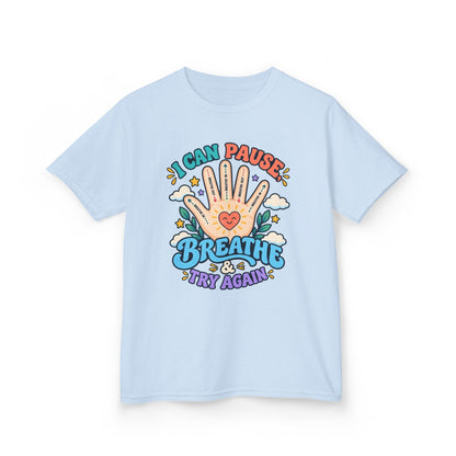 Kids Heavy Cotton™ Tee - Pause, Breathe, Try Again Hand Guide