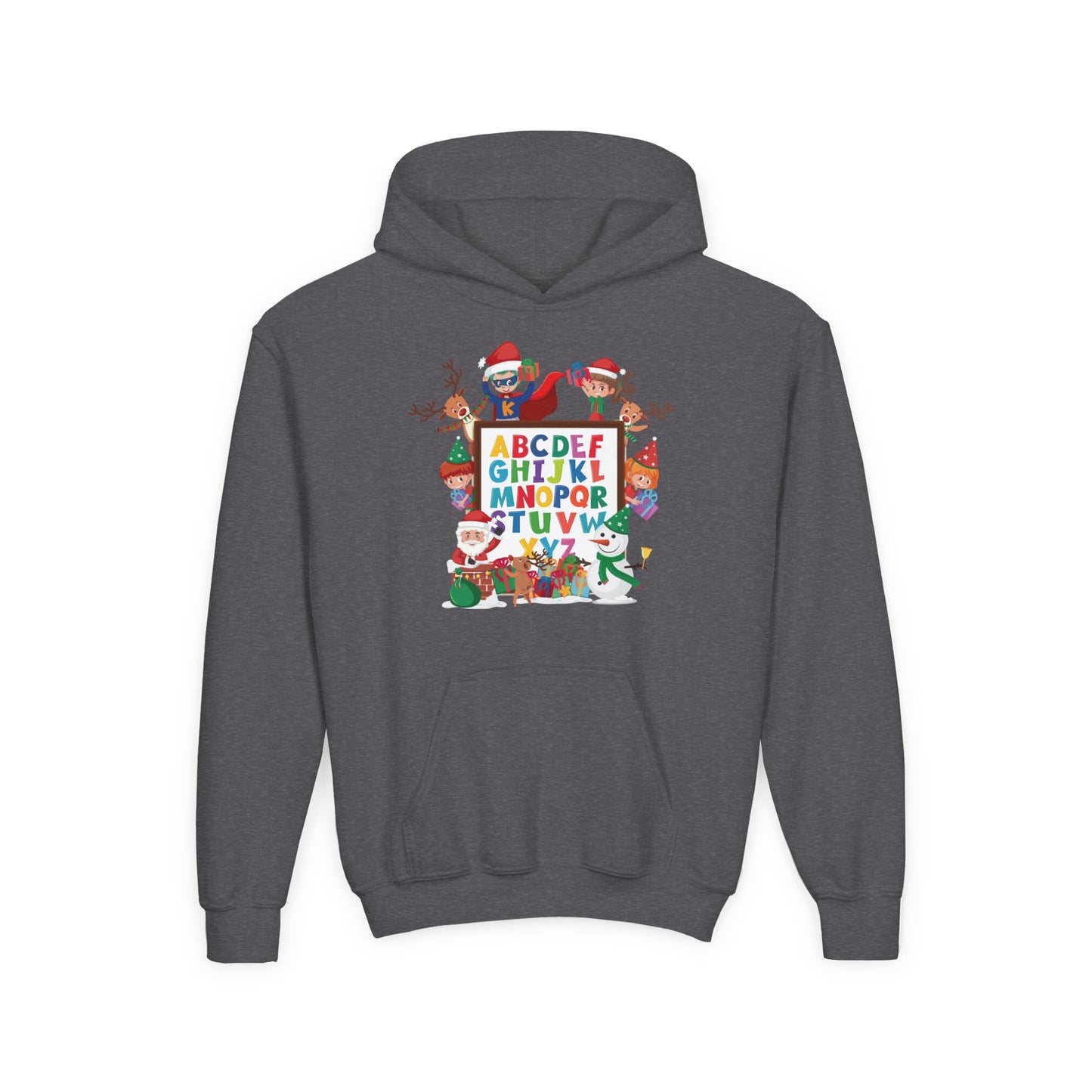 Youth Heavy Blend Hooded Sweatshirt - Christmas alphabet with super kiddo