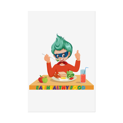 Rolled Posters - Super kiddo eating healthy breafast - [[{"value":"Wonderwear Kid"}]]