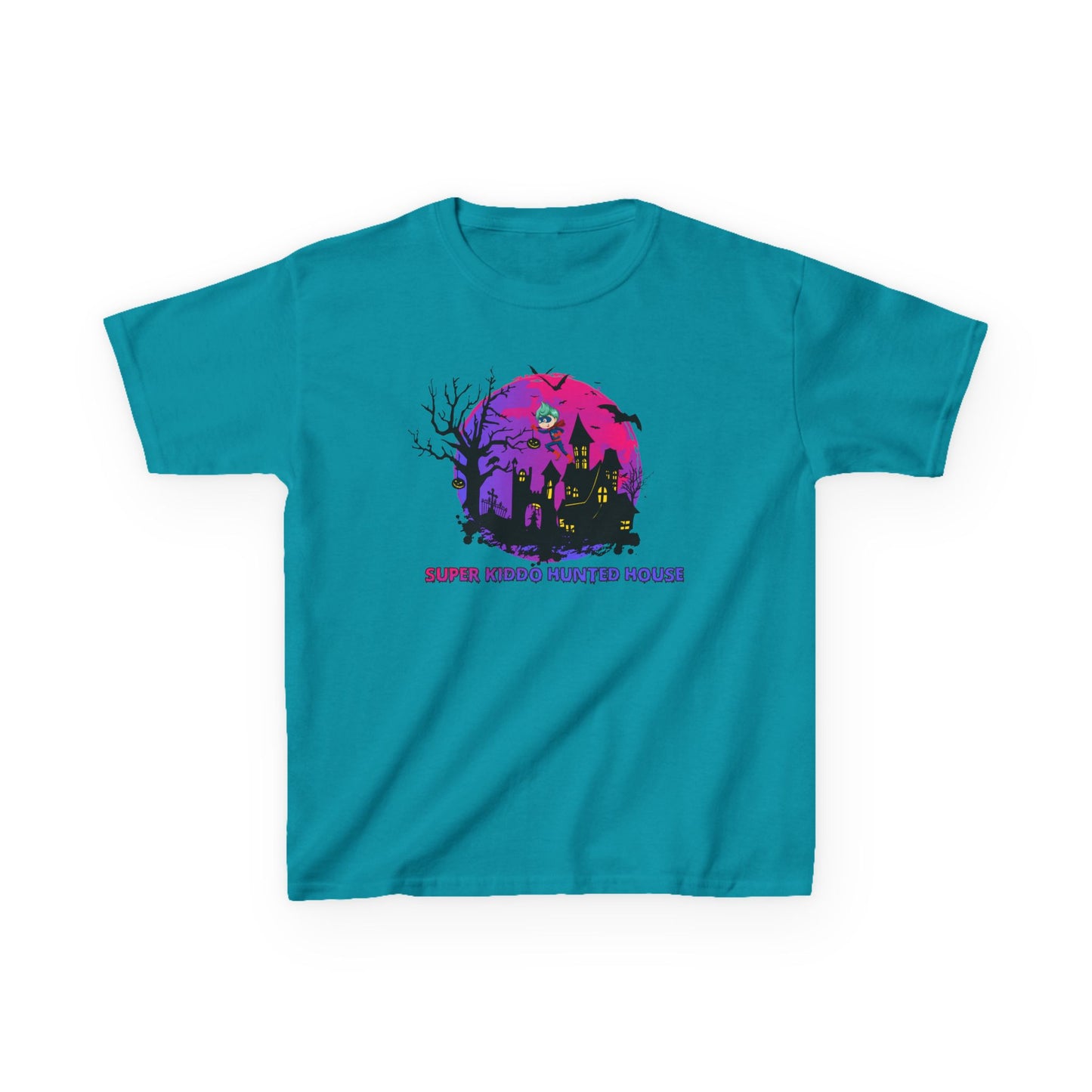 Kids Heavy Cotton™ Tee - Super kiddo flying on hunted house - [[{"value":"Wonderwear Kid"}]]