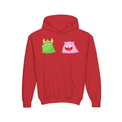 Youth Heavy Blend Hooded Sweatshirt - Green and pink monsters Printify
