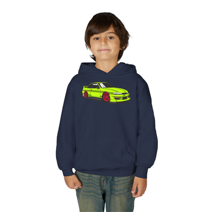 Youth Heavy Blend Hooded Sweatshirt - Yellow green race car Printify