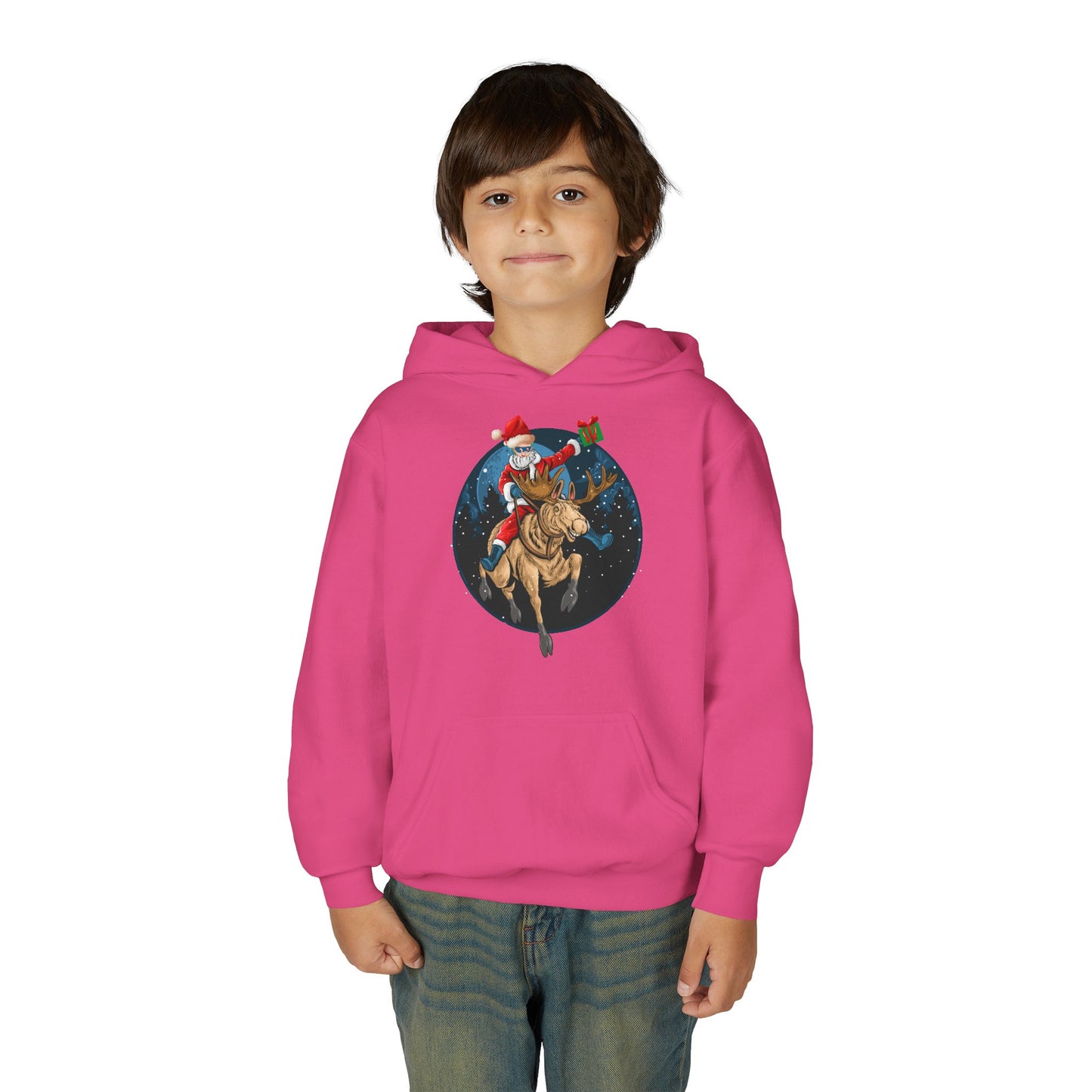 Youth Heavy Blend Hooded Sweatshirt - Super kiddo riding a reindeer