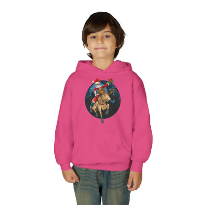 Youth Heavy Blend Hooded Sweatshirt - Super kiddo riding a reindeer - [[{"value":"Wonderwear Kid"}]]