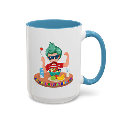 Accent Coffee Mug - super kiddo eating healthy food - [[{"value":"Wonderwear Kid"}]]