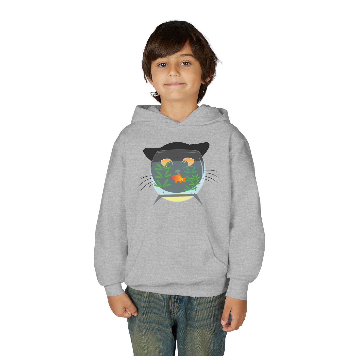 Youth Heavy Blend Hooded Sweatshirt -  Black cat and gold fish