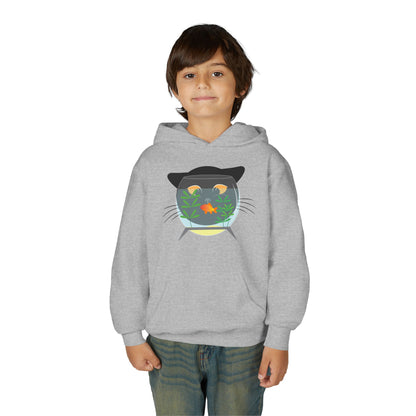 Youth Heavy Blend Hooded Sweatshirt -  Black cat and gold fish Printify