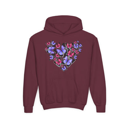 Youth Heavy Blend Hooded Sweatshirt -  Heart shape monarch butterfly Printify