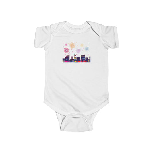 Infant Bodysuit - Super kiddo with fireworks with text - [[{"value":"Wonderwear Kid"}]]