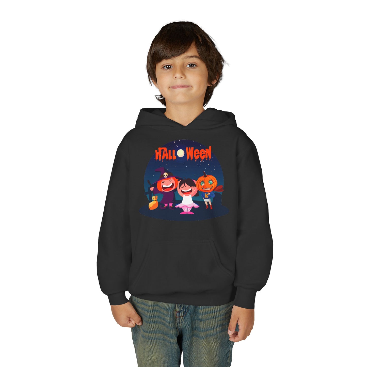 Youth Heavy Blend Hooded Sweatshirt - Super kiddo wearing pumpkin