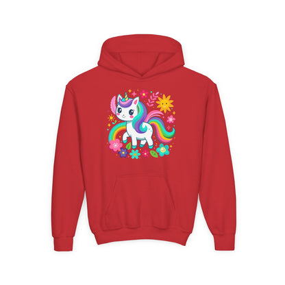 Youth Heavy Blend Hooded Sweatshirt - Unicorn with flowers Printify