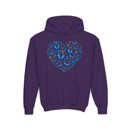 Youth Heavy Blend Hooded Sweatshirt -  Heart shape blue morpho butterfly Printify