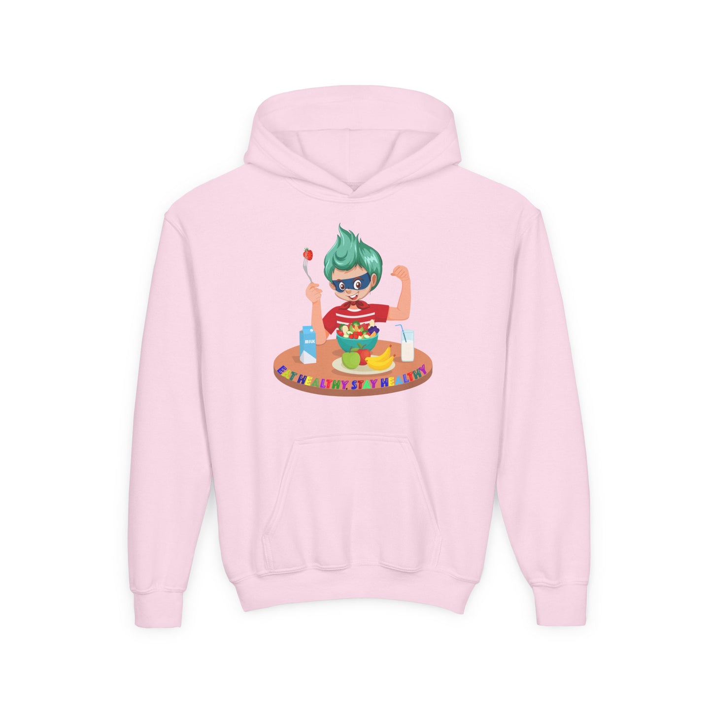 Youth Heavy Blend Hooded Sweatshirt - super kiddo eating healthy food