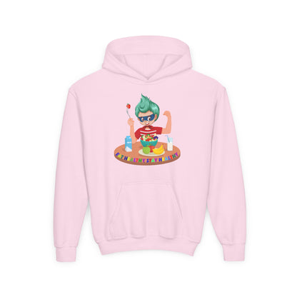 Youth Heavy Blend Hooded Sweatshirt - super kiddo eating healthy food - [[{"value":"Wonderwear Kid"}]]