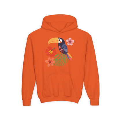 Youth hoodie with vibrant toucan bird design Printify