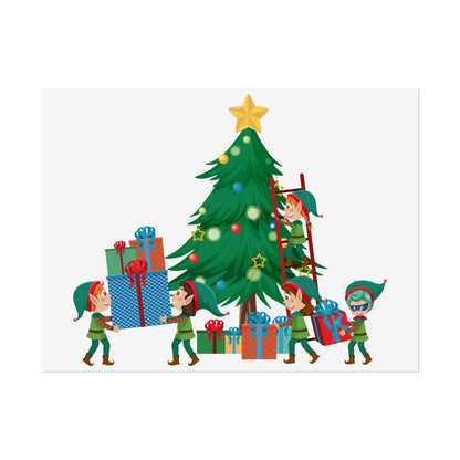Rolled Posters - Super kiddo putting gifts on christmas tree - [[{"value":"Wonderwear Kid"}]]