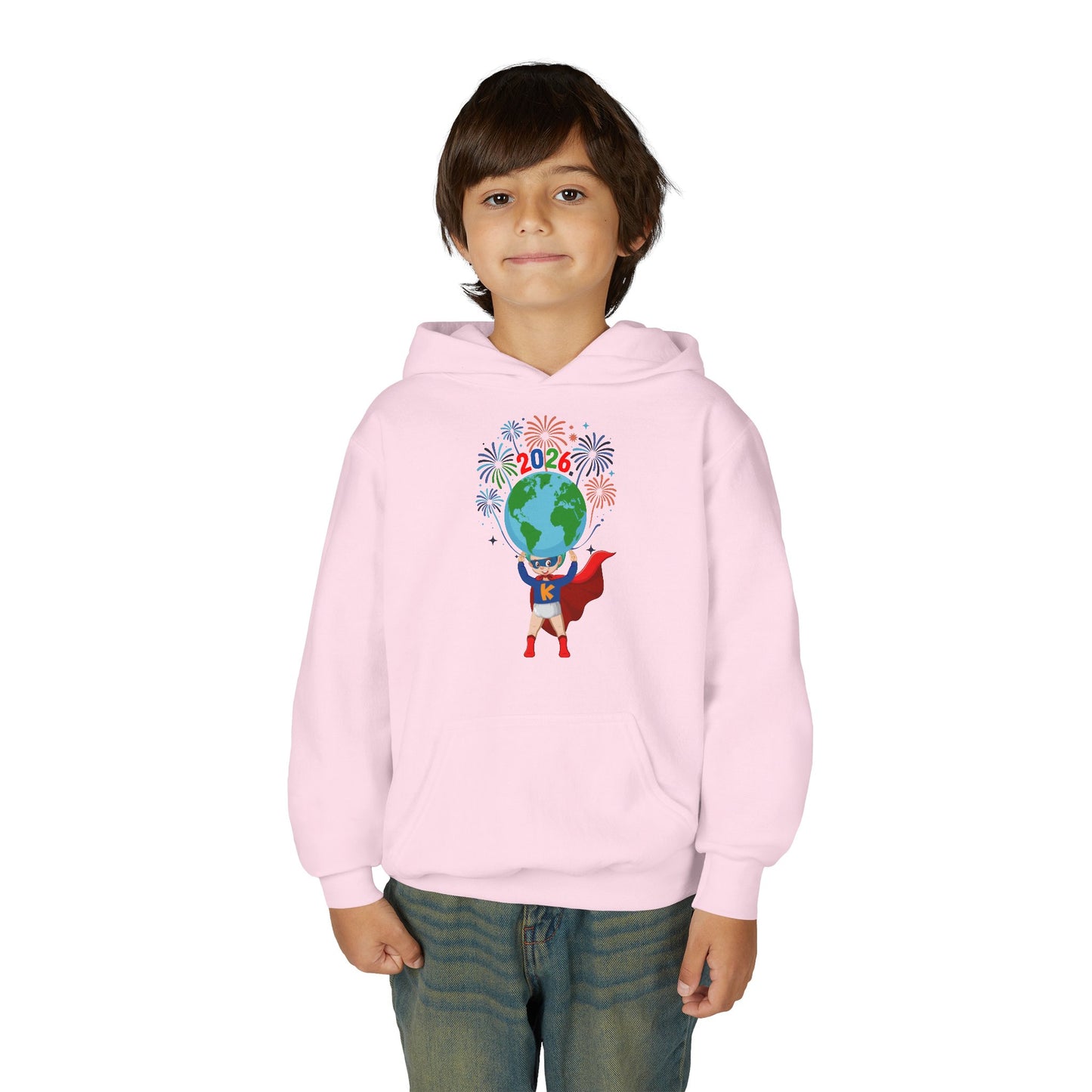 Youth Heavy Blend Hooded Sweatshirt - Super kiddo holding globe