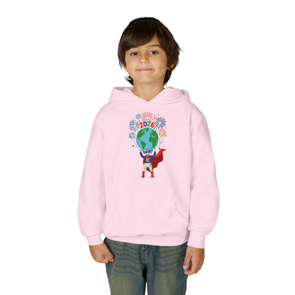 Youth Heavy Blend Hooded Sweatshirt - Super kiddo holding globe - [[{"value":"Wonderwear Kid"}]]