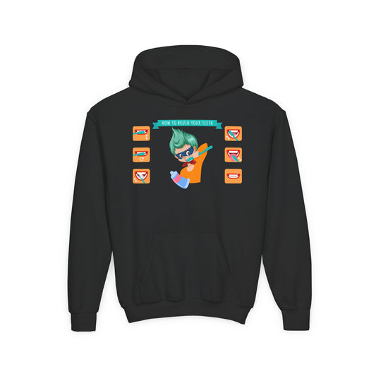 Youth Heavy Blend Hooded Sweatshirt - Super kiddo how to brush teeth - [[{"value":"Wonderwear Kid"}]]