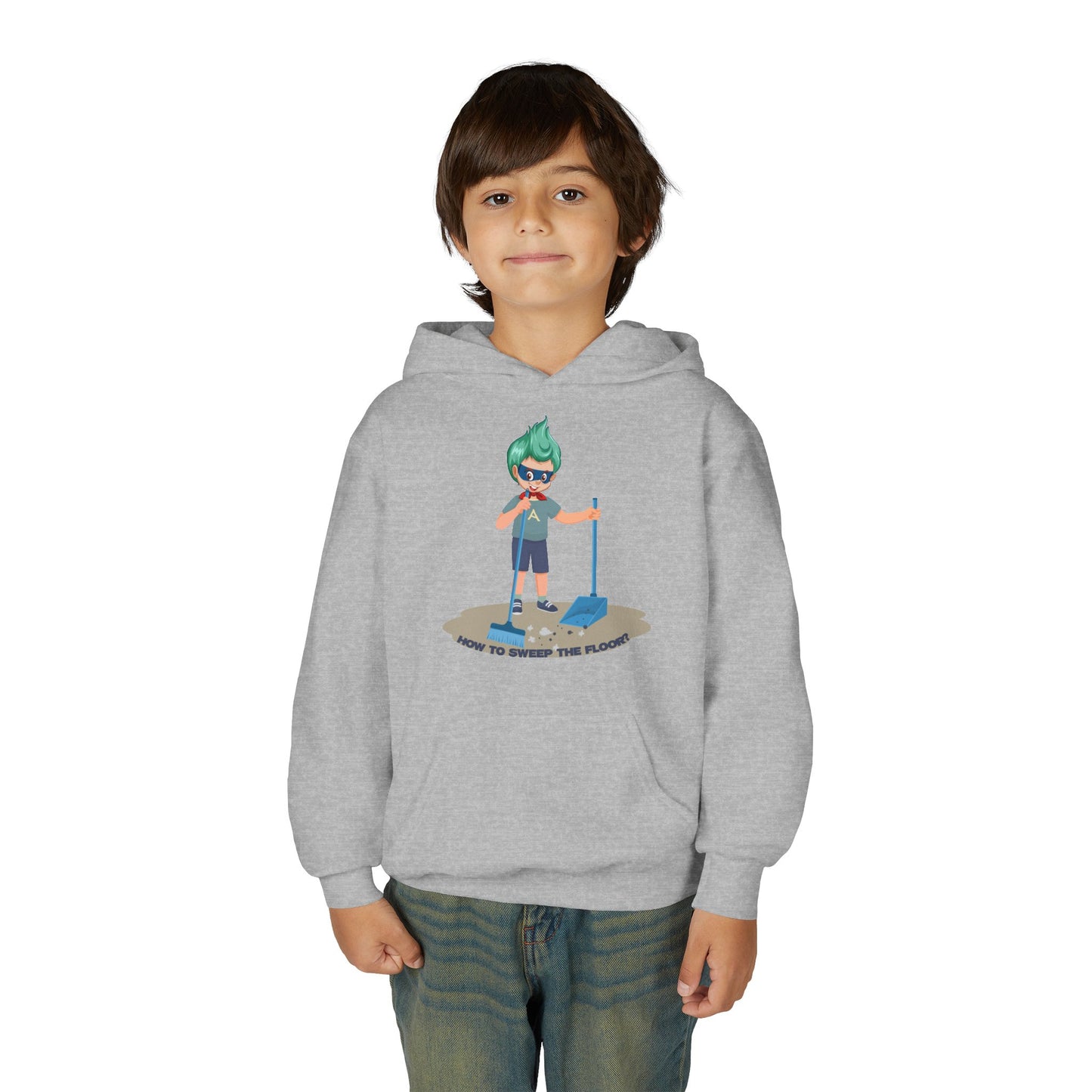 Youth Heavy Blend Hooded Sweatshirt - Super kiddo sweeping floor