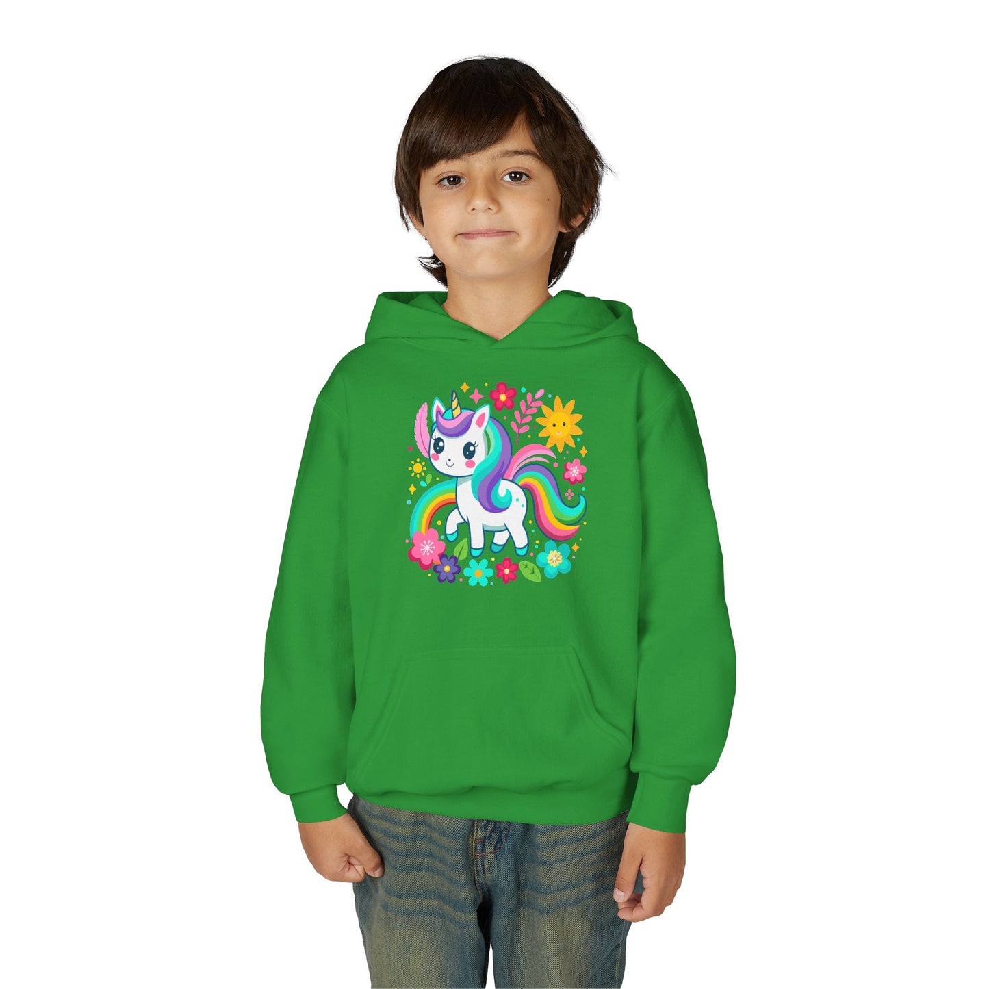 Youth Heavy Blend Hooded Sweatshirt - Unicorn with flowers