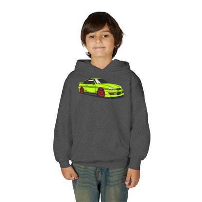 Youth Heavy Blend Hooded Sweatshirt - Yellow green race car Printify