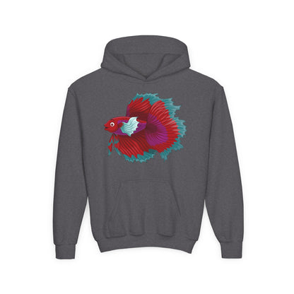 Youth Heavy Blend Hooded Sweatshirt - Red Siamese fighting fish Printify