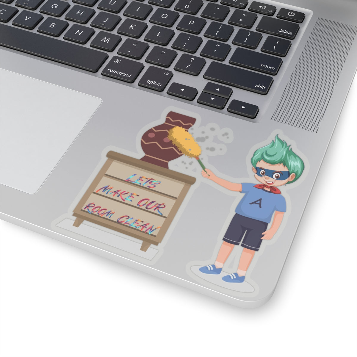 Kiss-Cut Stickers - Super kiddo cleaning a vase - [[{"value":"Wonderwear Kid"}]]