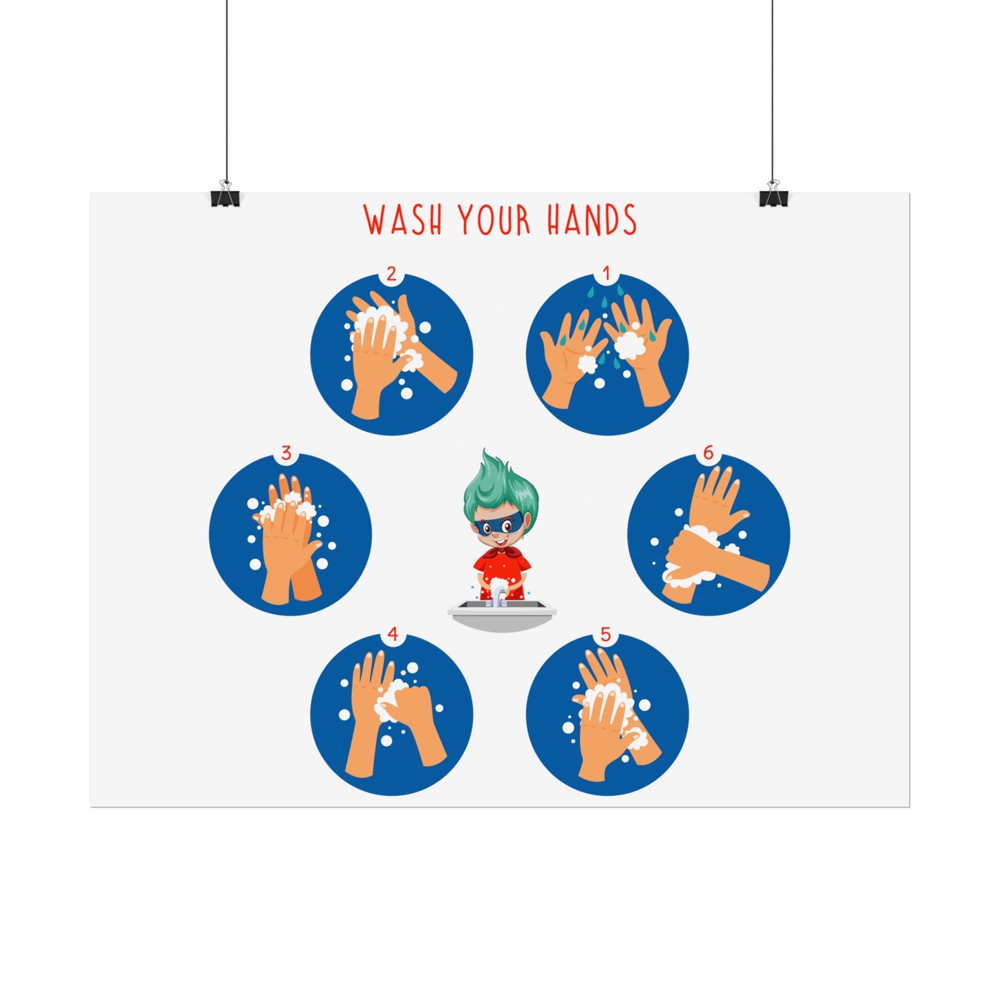 Rolled Posters - Super kiddo teaching how to wash hands - [[{"value":"Wonderwear Kid"}]]