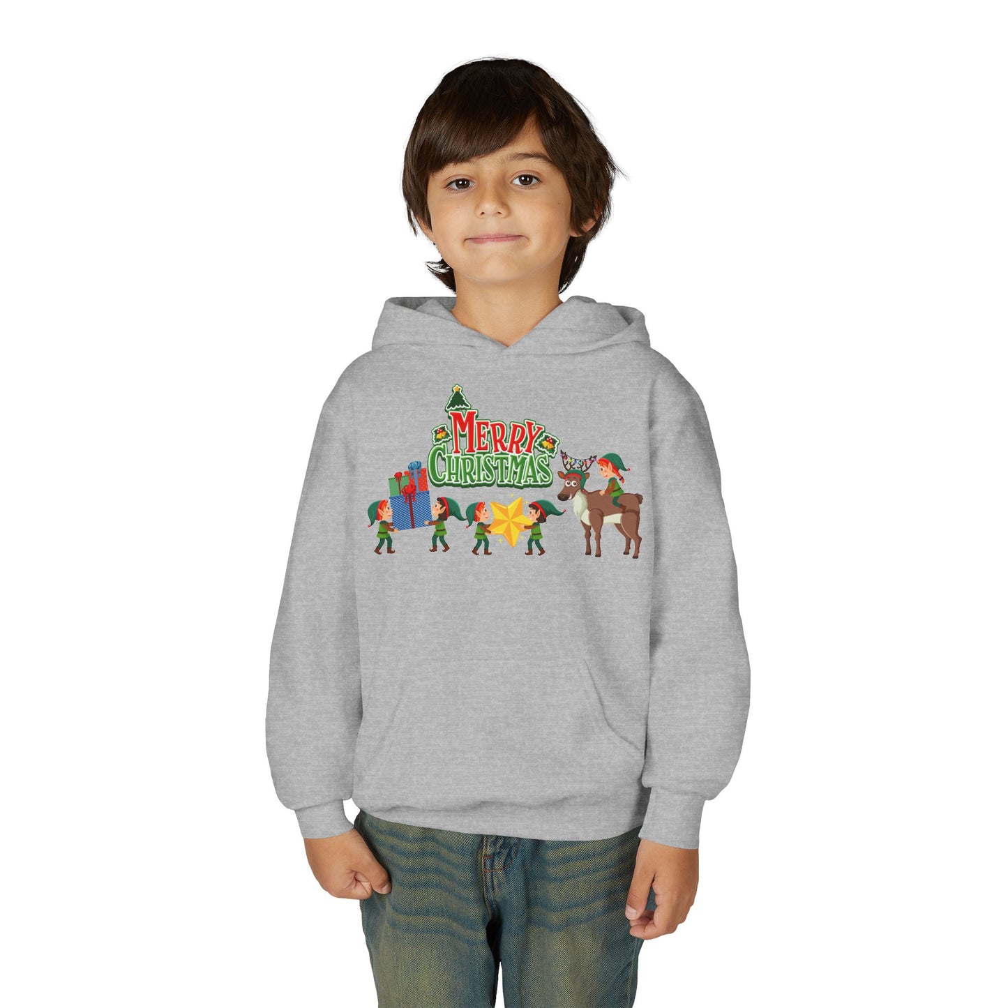 Youth Heavy Blend Hooded Sweatshirt - Merry christmas and reindeer