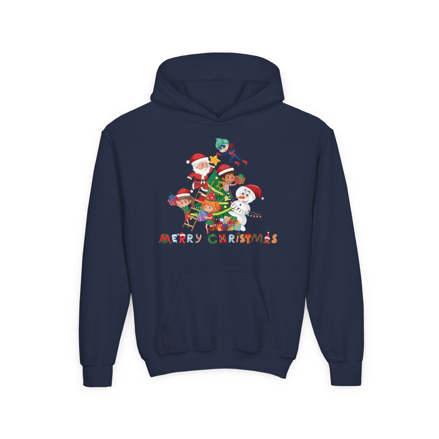 Youth Heavy Blend Hooded Sweatshirt - Super kiddo making christmas tree with text
