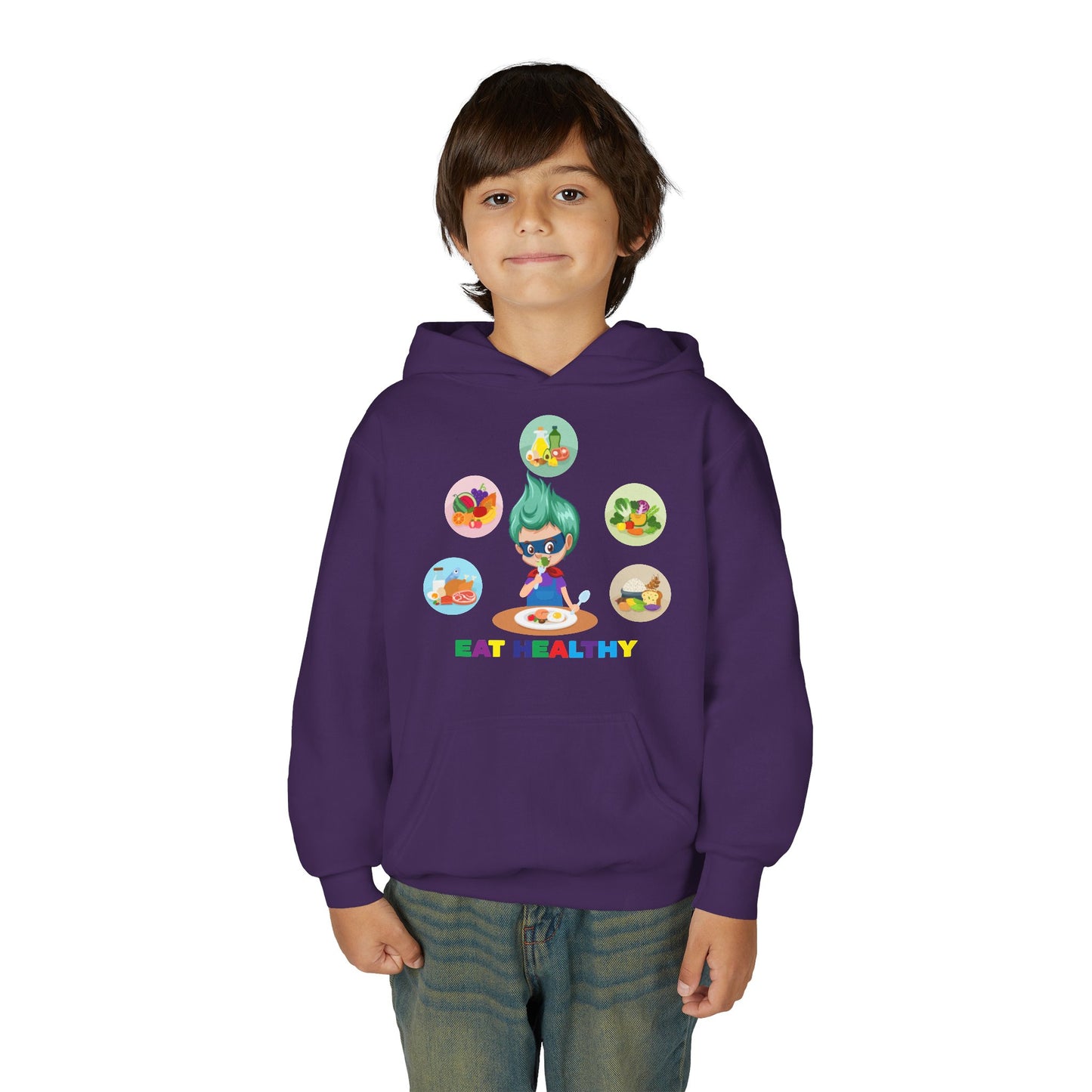 Youth Heavy Blend Hooded Sweatshirt - Supper kiddo showing healthy food to eat
