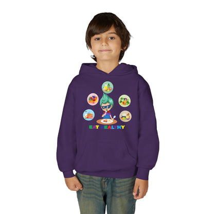 Youth Heavy Blend Hooded Sweatshirt - Supper kiddo showing healthy food to eat - [[{"value":"Wonderwear Kid"}]]