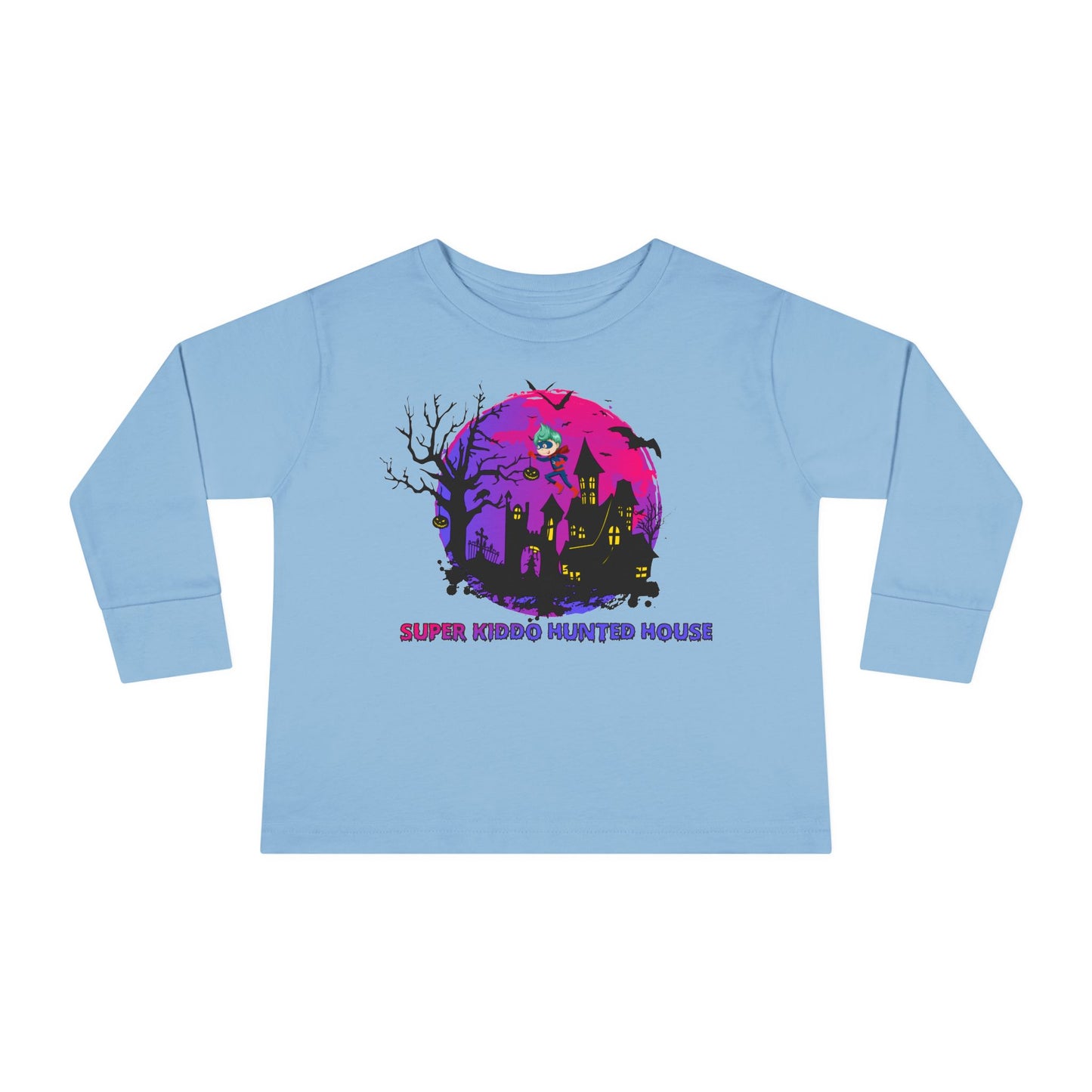 Toddler Long Sleeve Tee - Super kiddo flying on hunted house