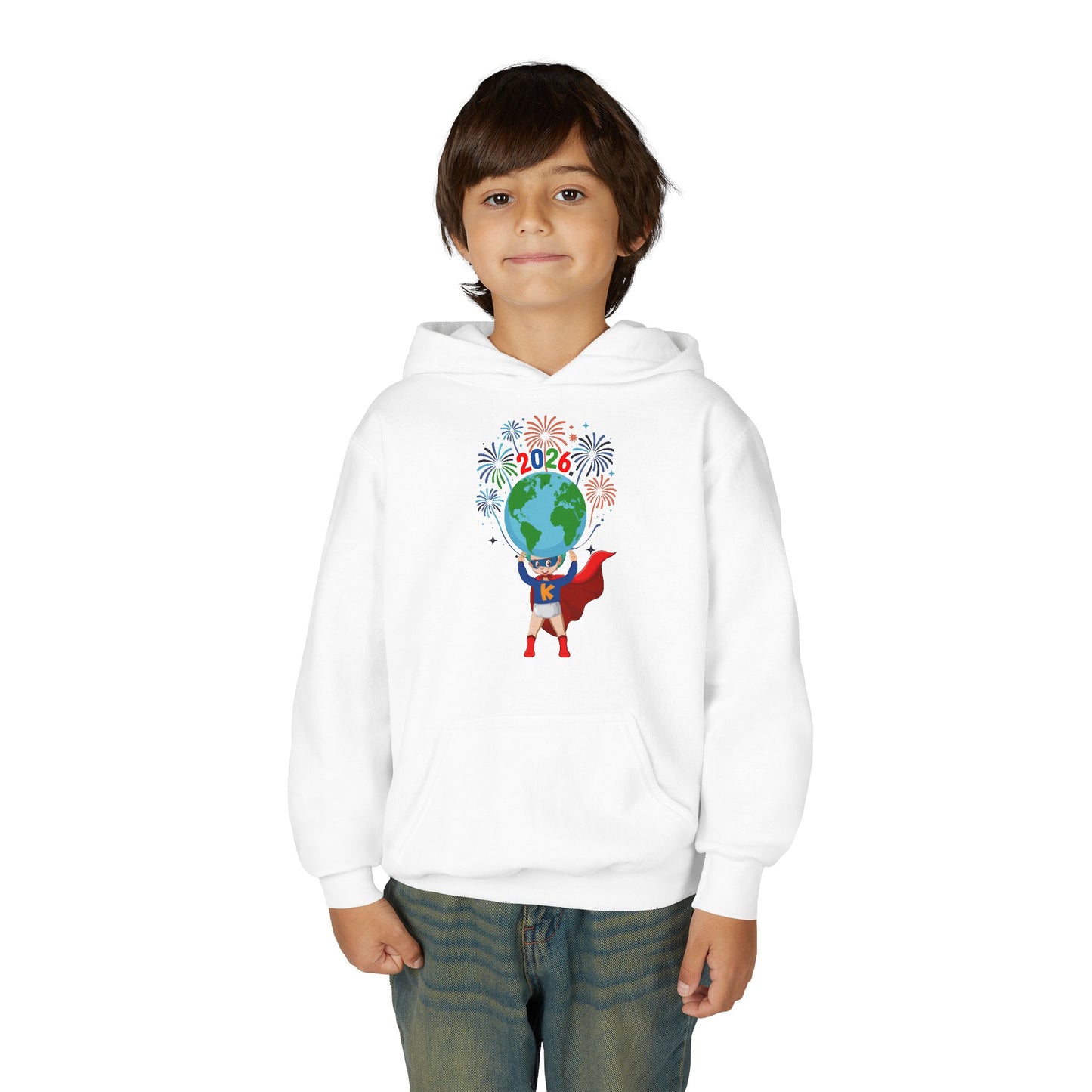 Youth Heavy Blend Hooded Sweatshirt - Super kiddo holding globe