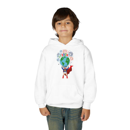Youth Heavy Blend Hooded Sweatshirt - Super kiddo holding globe - [[{"value":"Wonderwear Kid"}]]