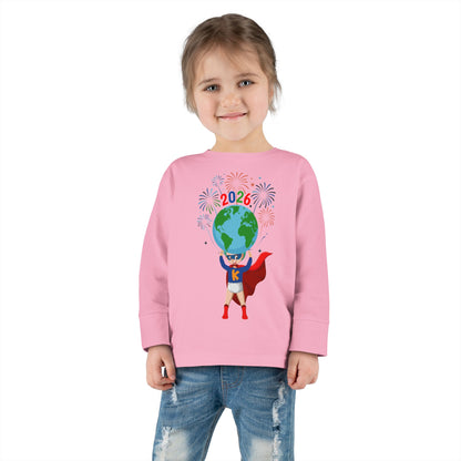 Toddler Long Sleeve Tee - Super kiddo holding globe - [[{"value":"Wonderwear Kid"}]]