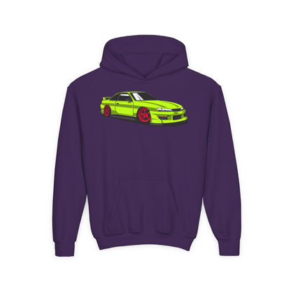 Youth Heavy Blend Hooded Sweatshirt - Yellow green race car Printify