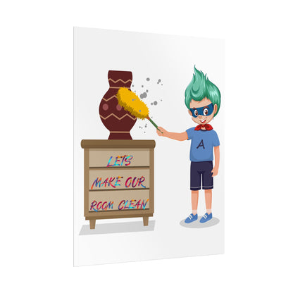 Rolled Posters - Super kiddo cleaning a vase - [[{"value":"Wonderwear Kid"}]]