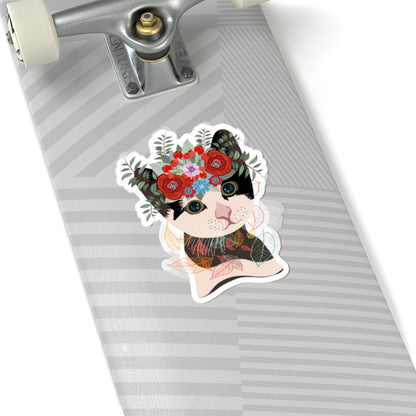 Kiss-Cut Vinyl Decals - Lovely cat with crown flowers Printify