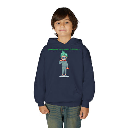 Youth Heavy Blend Hooded Sweatshirt - Super kiddo brushing teeth - [[{"value":"Wonderwear Kid"}]]