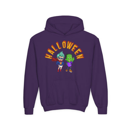 Youth Heavy Blend Hooded Sweatshirt - Holloween with super kiddo Printify