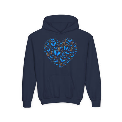 Youth Heavy Blend Hooded Sweatshirt -  Heart shape blue morpho butterfly Printify