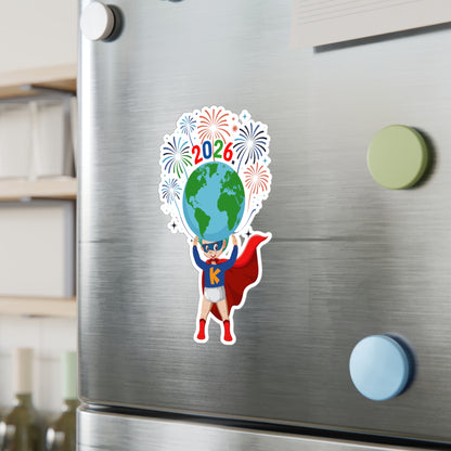 Christmas Kiss-Cut Vinyl Decals – Super kiddo holding globe - [[{"value":"Wonderwear Kid"}]]