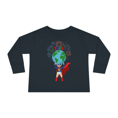 Toddler Long Sleeve Tee - Super kiddo holding globe - [[{"value":"Wonderwear Kid"}]]