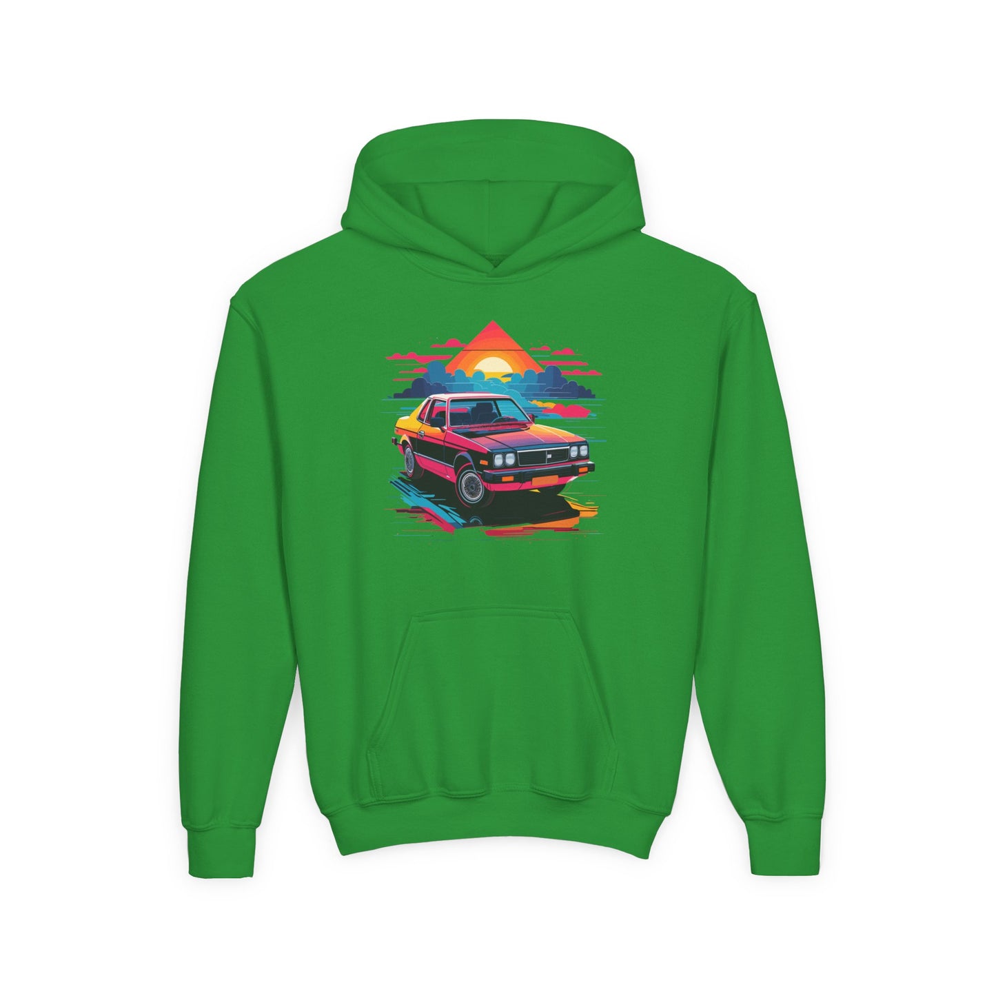 Youth Heavy Blend Hooded Sweatshirt - Retro Car and Sunset