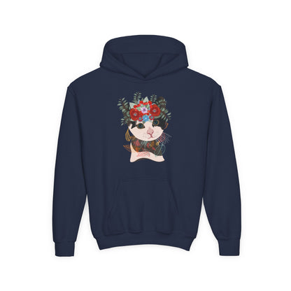 Youth Heavy Blend Hooded Sweatshirt - Lovely cat with crown flower Printify