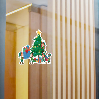 Christmas Kiss-Cut Vinyl Decals – Super kiddo putting gifts on christmas tree - [[{"value":"Wonderwear Kid"}]]