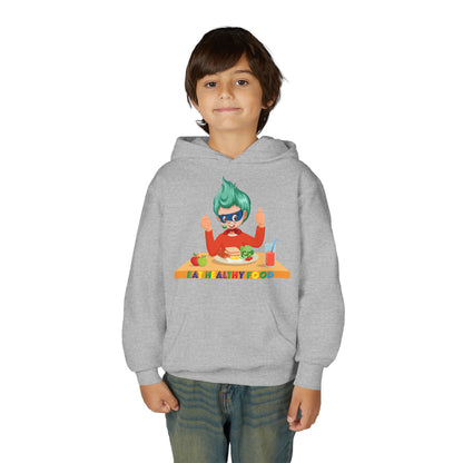 Youth Heavy Blend Hooded Sweatshirt - Super kiddo eating healthy breafast - [[{"value":"Wonderwear Kid"}]]